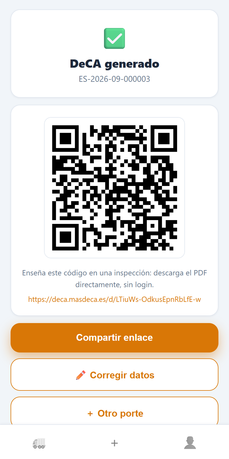 Pantalla del DeCA generado con su código QR