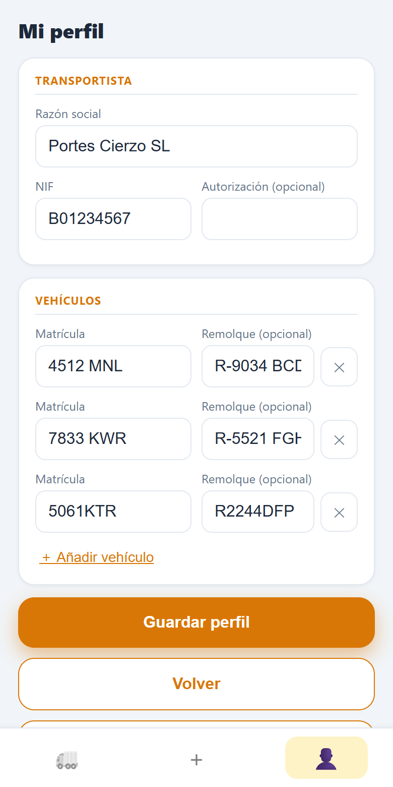 Pantalla de perfil con datos del transportista y vehículos
